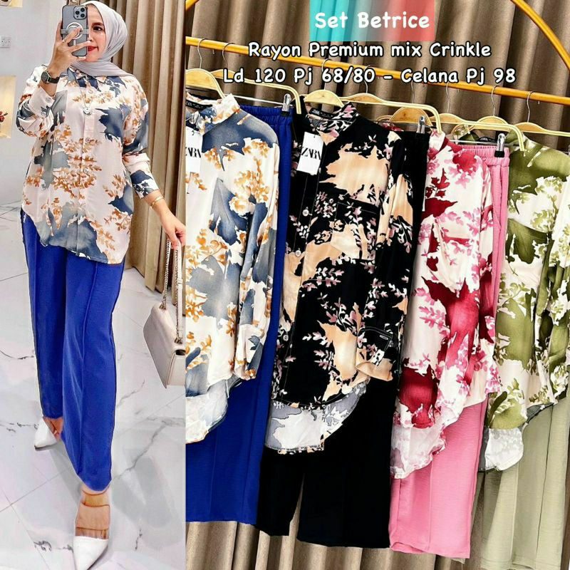 Betrice Set, SETELAN RAYON CANTIK MODIS FIT XXL LD 139 BAHAN TOP RAYON PREMIUM PANTS CRINKLE IMPORT KANCING AKTIF TERMURAH OOTD KEKINIAN TERLARIS