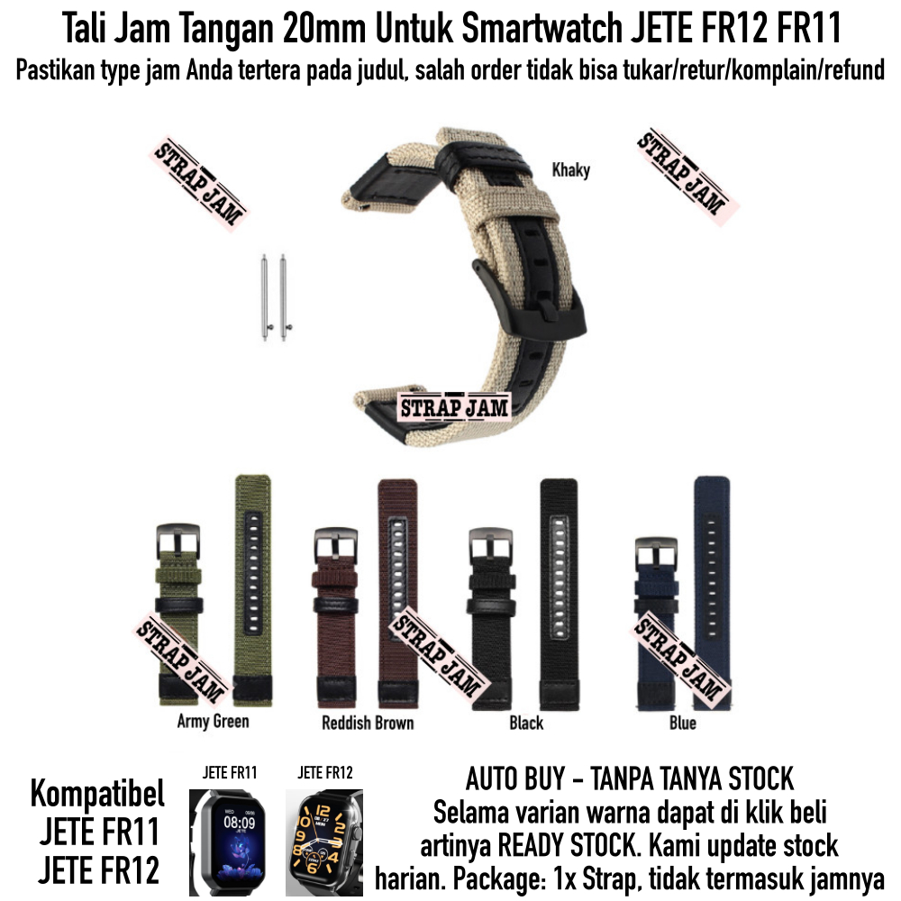 Tali Jam 20mm Strap Smartwatch Jete FR12 FR11 - Woven Nylon Nilon Tebal