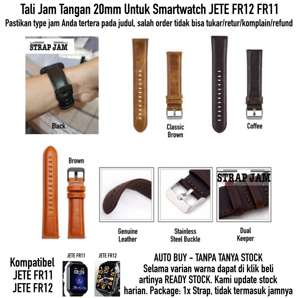 Tali Jam Untuk Smartwatch Jete FR12 FR11 - Strap 20mm Genuine Leather Kulit Premium