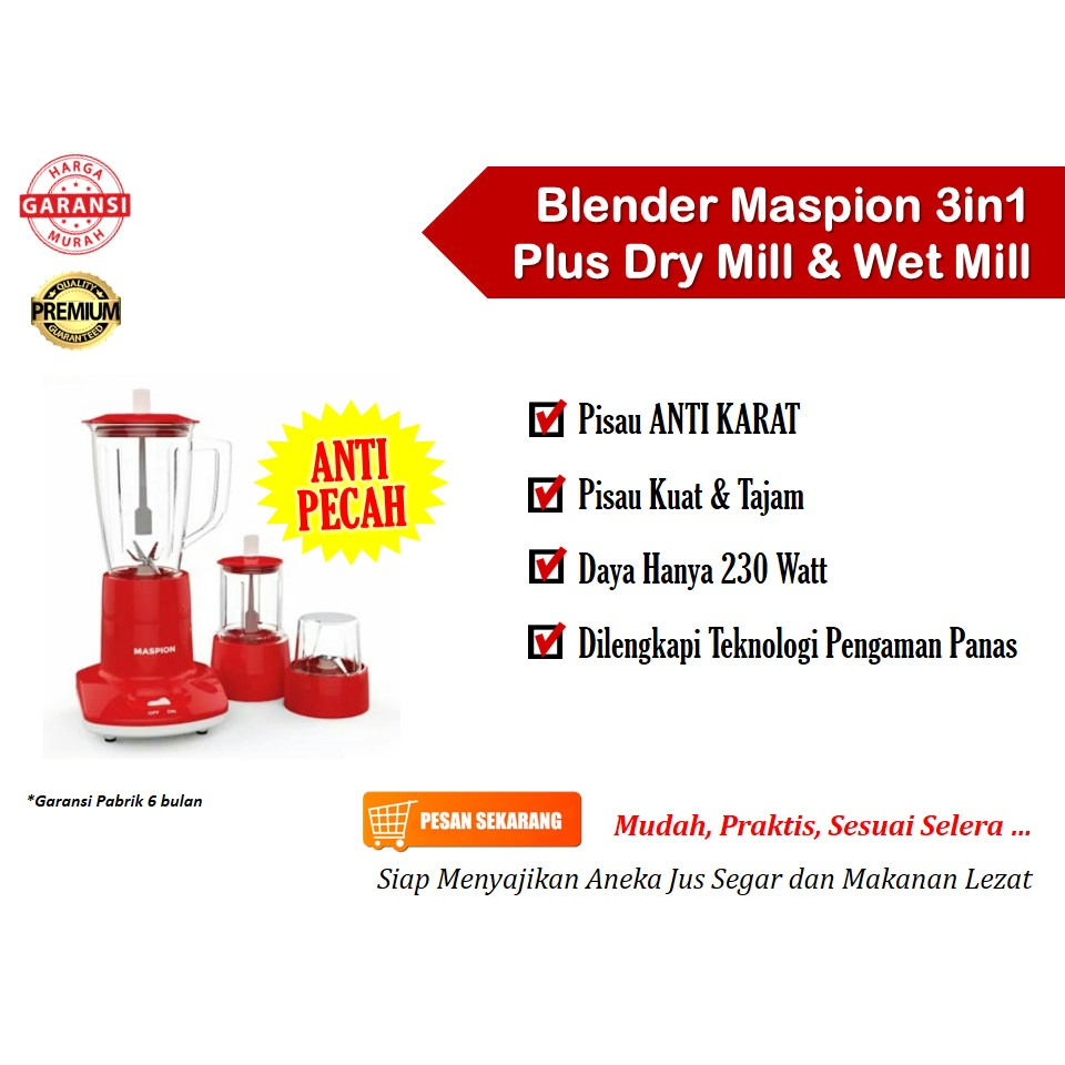 Blender Maspion 1263 Blender Maspion 3in1 Plastik Merah 1 Set Lengkap Dry Mill Wet Mill Original Yan