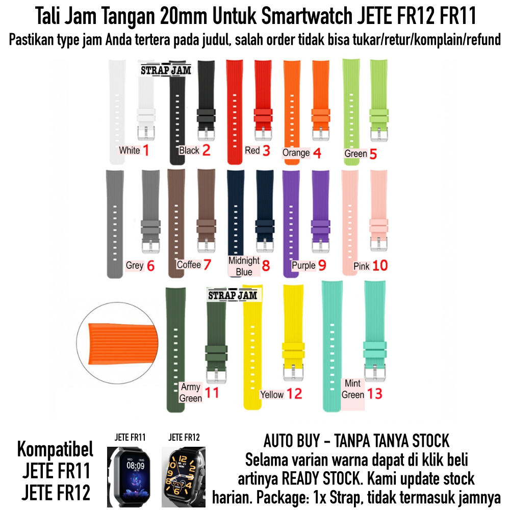 M42 Tali Jam Tangan Smartwatch Jete FR12 FR11 - Strap 20mm Rubber Silikon Bergaris Aneka Warna