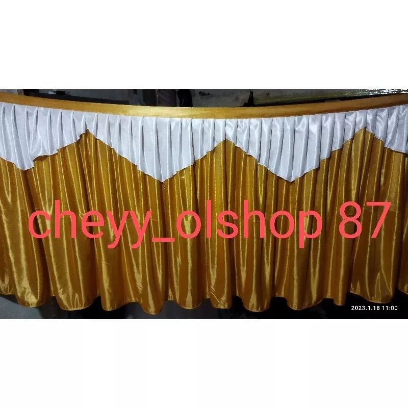 Dekorasi meja rok meja poni tinggi 75cm x panjang 280cm terbuat dari kain filamin kain kilap atau ka