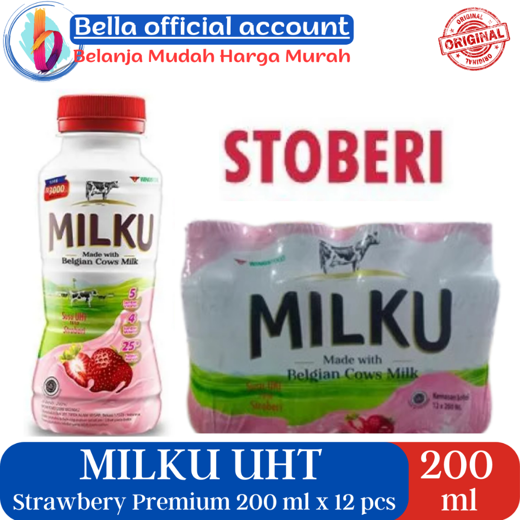 

Milku Strawberry Beligian Cows Milk 12 Botol x 200 ml | 1 Pak