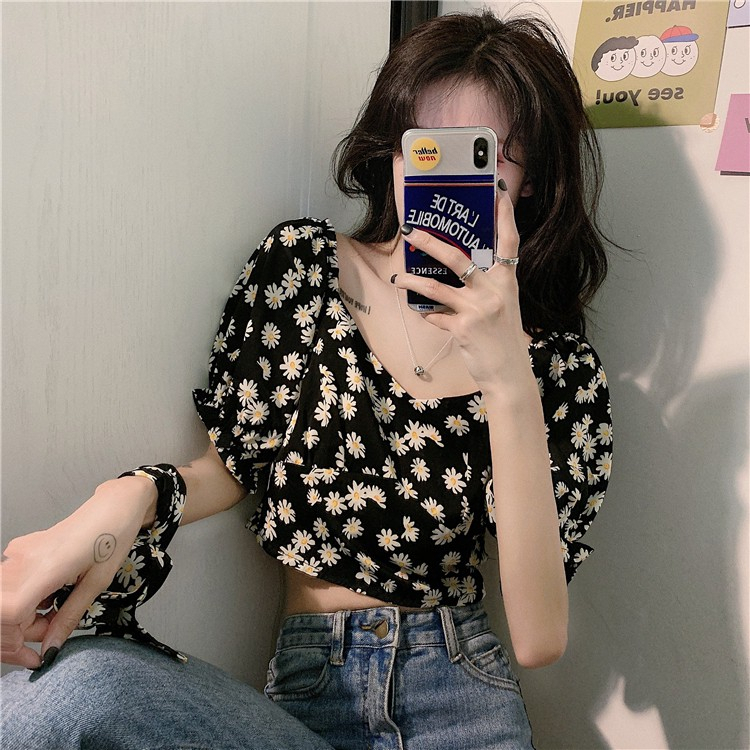 GSc - Nicole Daisy Crop top | Blus Sabrina Wanita Lengan Puff Motif Bunga Daisy Gaya Korea