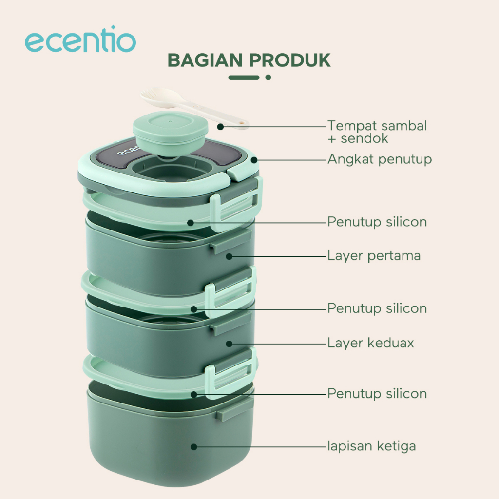 ecentio kotak makan 1840ml/1320ml tempat makan anti tumpah rantang susun 3/2 lunch box tahan panas double layer