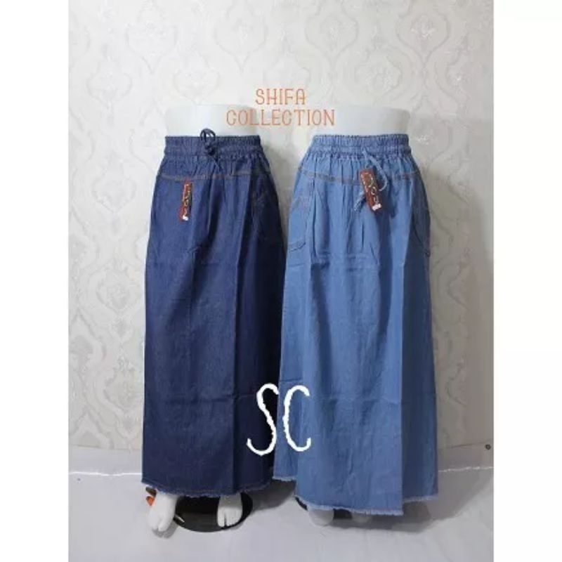 Rok Jeans / Rok Panjang / Rok Dewasa / Rok Wanita Model Peca 8 - Bahan Jeans - Ukuran All Size / Dewasa (BB 40-70 kg)