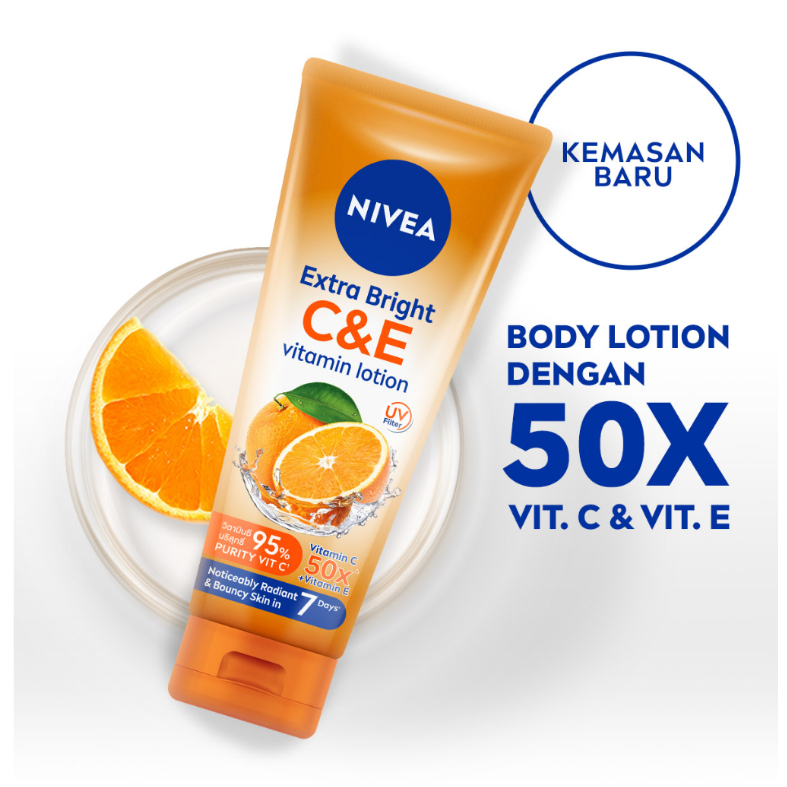 NIVEA Extra Bright C&amp;E Vitamin Body Lotion 180mL &amp; 320mL - 50x Vitamin C, Kulit Cerah Bercahaya dalam 7 hari