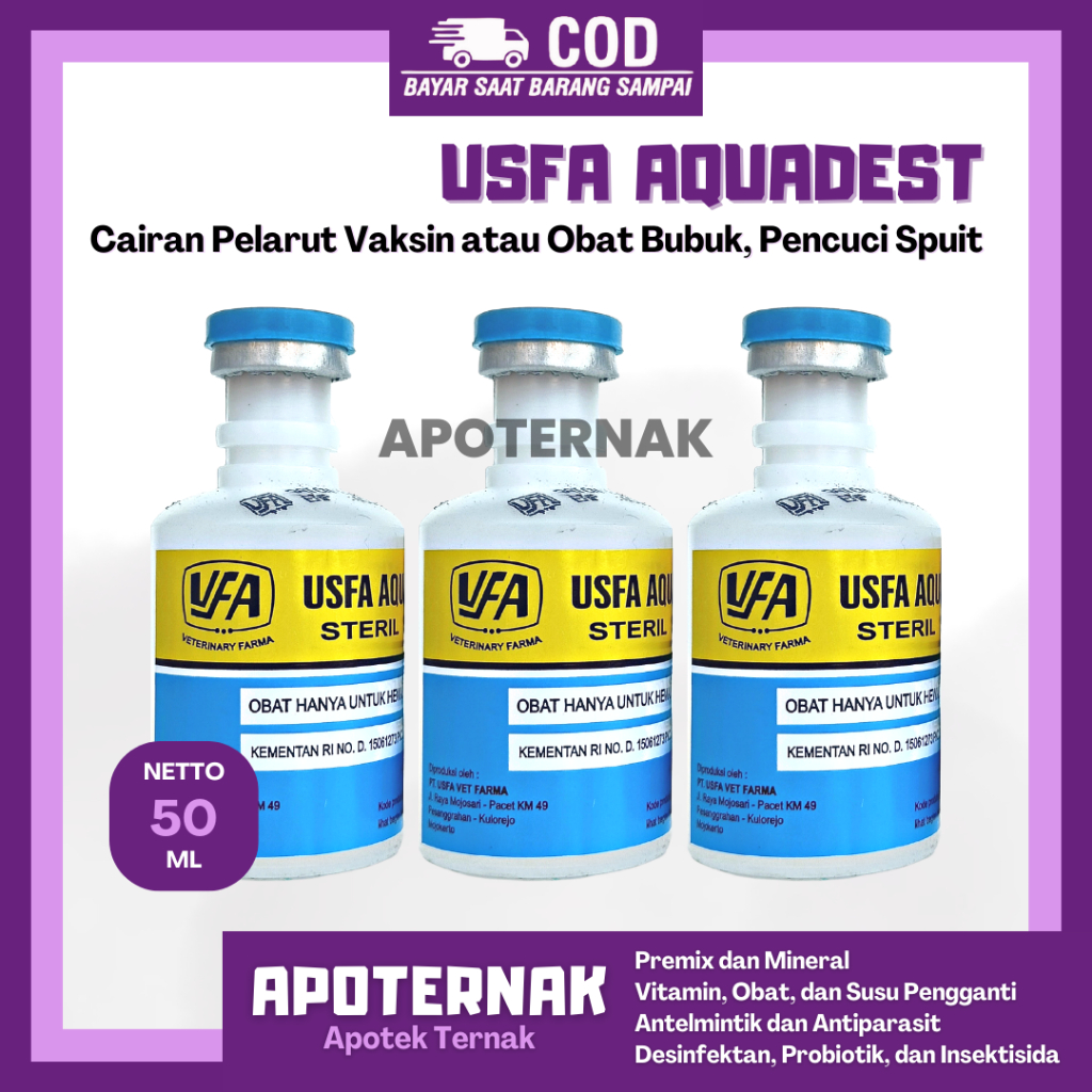 USFA AQUADEST 50 ml | Aquades Air Streril | Cairan Pelarut Vaksin atau Obat Bubuk | Cairan Pencuci Spuit