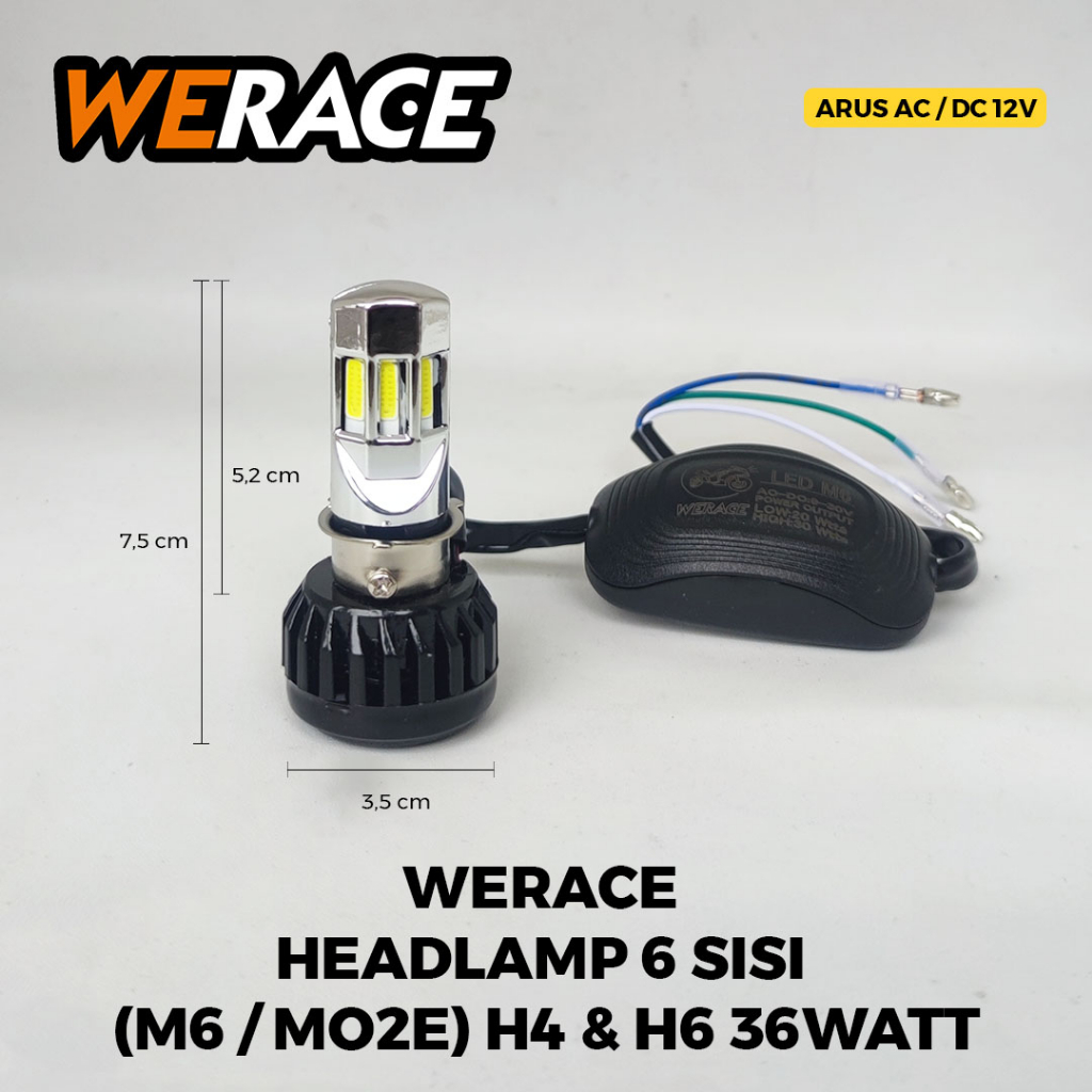 [WERACE] LED 6 SISI LAMPU DEPAN (HEADLAMP) 36WATT,  2 MODE (JAUH, DEKAT), 3 KABEL (H4/H6) TERANG BERKUALITAS