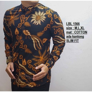 Batikbule Kemeja Batik Pria Lengan Panjang Motif Formal Hitam Orange &amp; Navy Gold LBL 1566