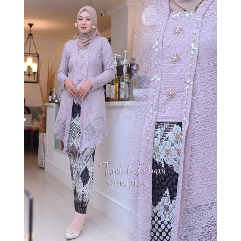 Realpict Stelan tunik kutu baru Anzani bahan brukat malika rok plisket katun batik silk