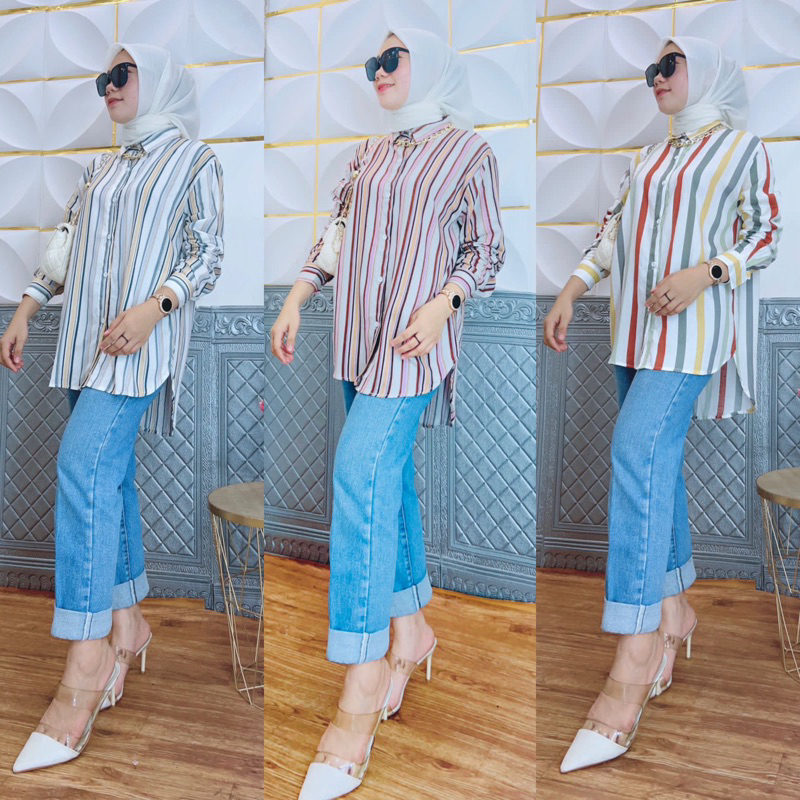 Kemeja Salur Wanita Tunik Blouse Oversize Jumbo Size Pakaian Stripe Shirt