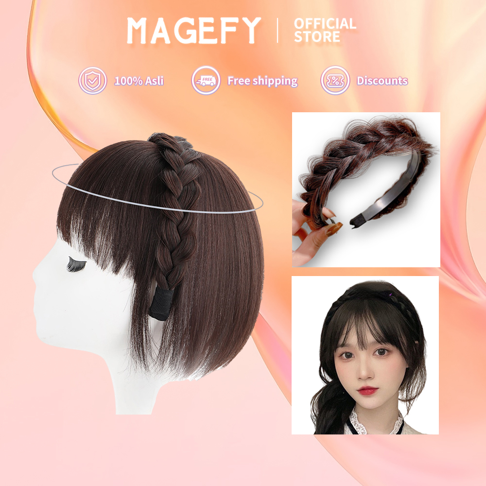 MAGEFY Rambut Poni Palsu Extension Model Kepang Ganda Tahan Panas Untuk Wanita 1286