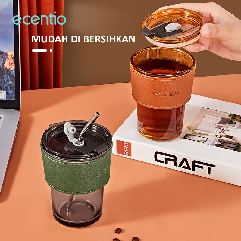 ecentio &amp; FOODI Tumbler Kaca kopi 400ml dan free Sedotan stainless pegangan gelasnya holding/Cangkir Kaca Anti Panas/free pipet kaca