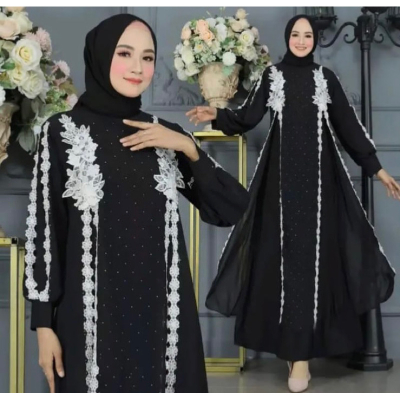 ABAYA GAMIS TURKEY HITAM BORDIR BUNGA PUTIH BELAH TERBARU TABUR SWAROVSKI