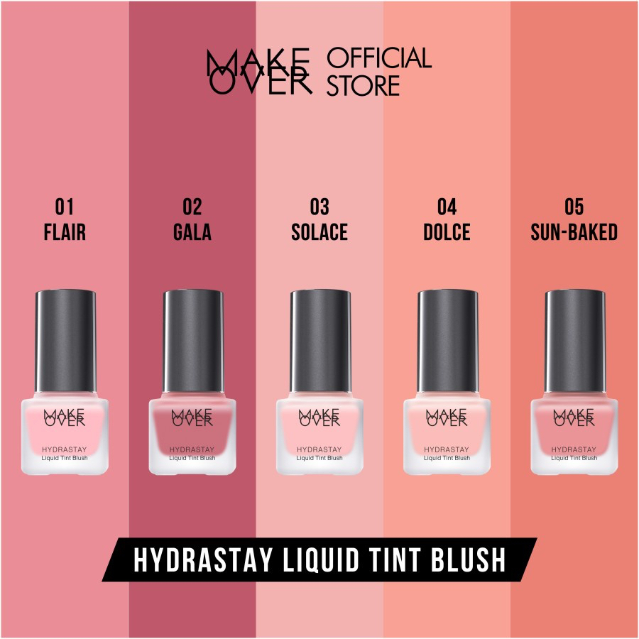 MAKE OVER Hydrastay Liquid Tint Blush Indonesia / Liquid Blush On 15ml / Lasting Deep Hydration Soft Seamless Finish Natural Flush / Long Lasting Color Pigment Perfectly Attached On Skin Intense Buildable Color / Series Glow Foundation Cushion Powder Lip