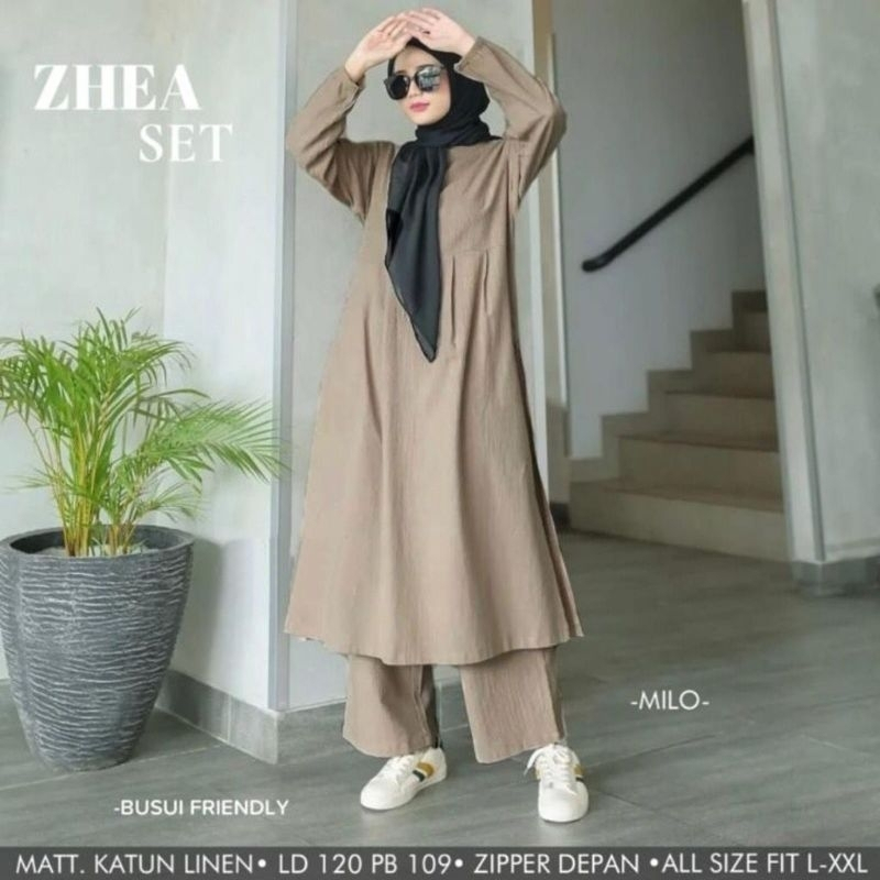 Setelan Wanita Terbaru Zhea Set Long Tunik dan Celana One Set Jumbo Ld120 CM Baju Setelan Wanita Kekinian