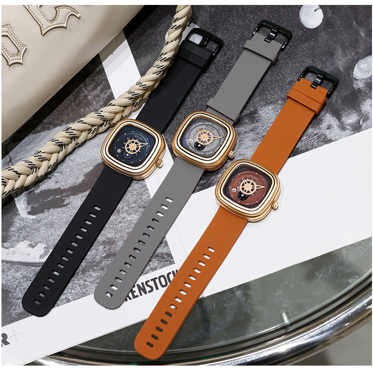 Guou 2023 Fashion Square Dial Kulit Jam Tangan Pria Mewah Olahraga Tahan Air Watch Woman Chronograph Quartz Jam Tangan + Kotak（Bingkai emas）