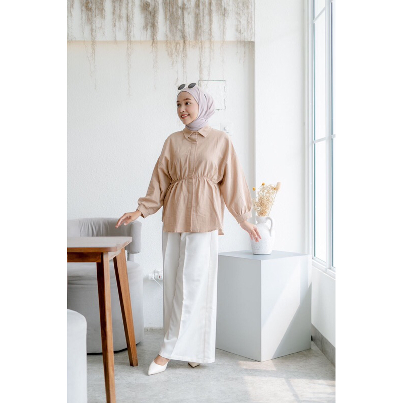 Audrina Blouse Linen Shirt | Blouse premium kantor | Atasan Hidden Button | kemeja daily kantor kuliah