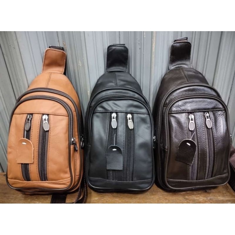 Slingbag Tas Selempang Pria Kulit Asli bertektur lembut Polos tanpa logo / merk