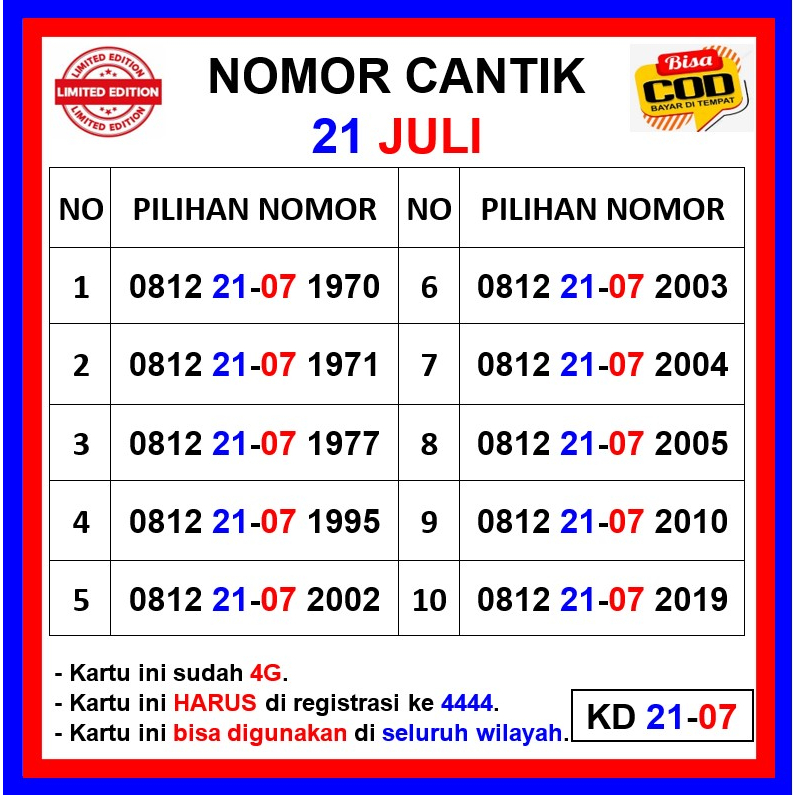 21 JUli 2107 Nomor cantik seri Tanggal Bulan Tahun murah rapih nomer cantik simpati telkomsel Kartu 
