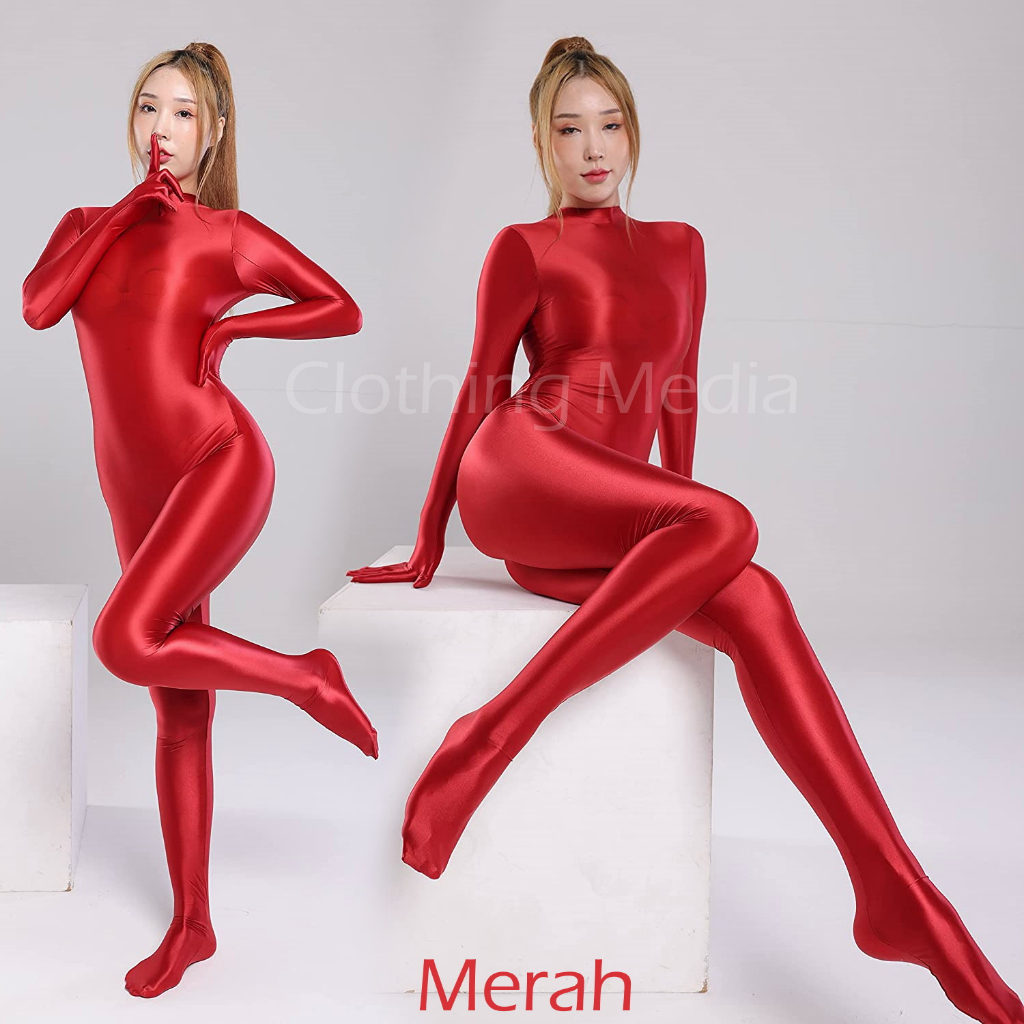 Bodysuit Full Menutup 5 Jari Tangan dan Kaki Warna Satin Silky Zipper Crotch