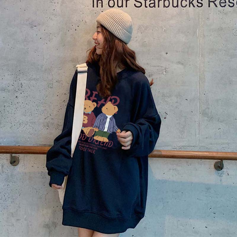 Kaos Stasan Wanita Oversize Couple Sweater American Vintage Cartoon Bear Graphic Priting Top Kekinian Casual Sweater