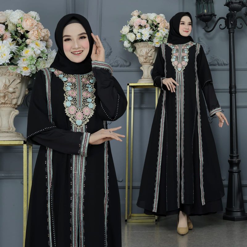 GAMIS ABAYA TURKEY BORDIR GOLD DAN PINK