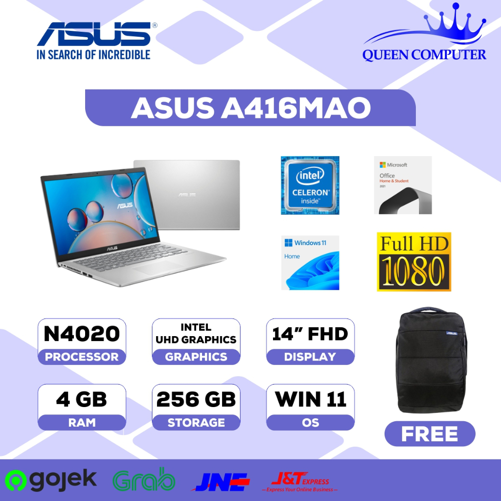 Laptop ASUS Vivobook Intel N4020 4GB 256GB W11 OHS 2021 Original Garansi Resmi 2Y