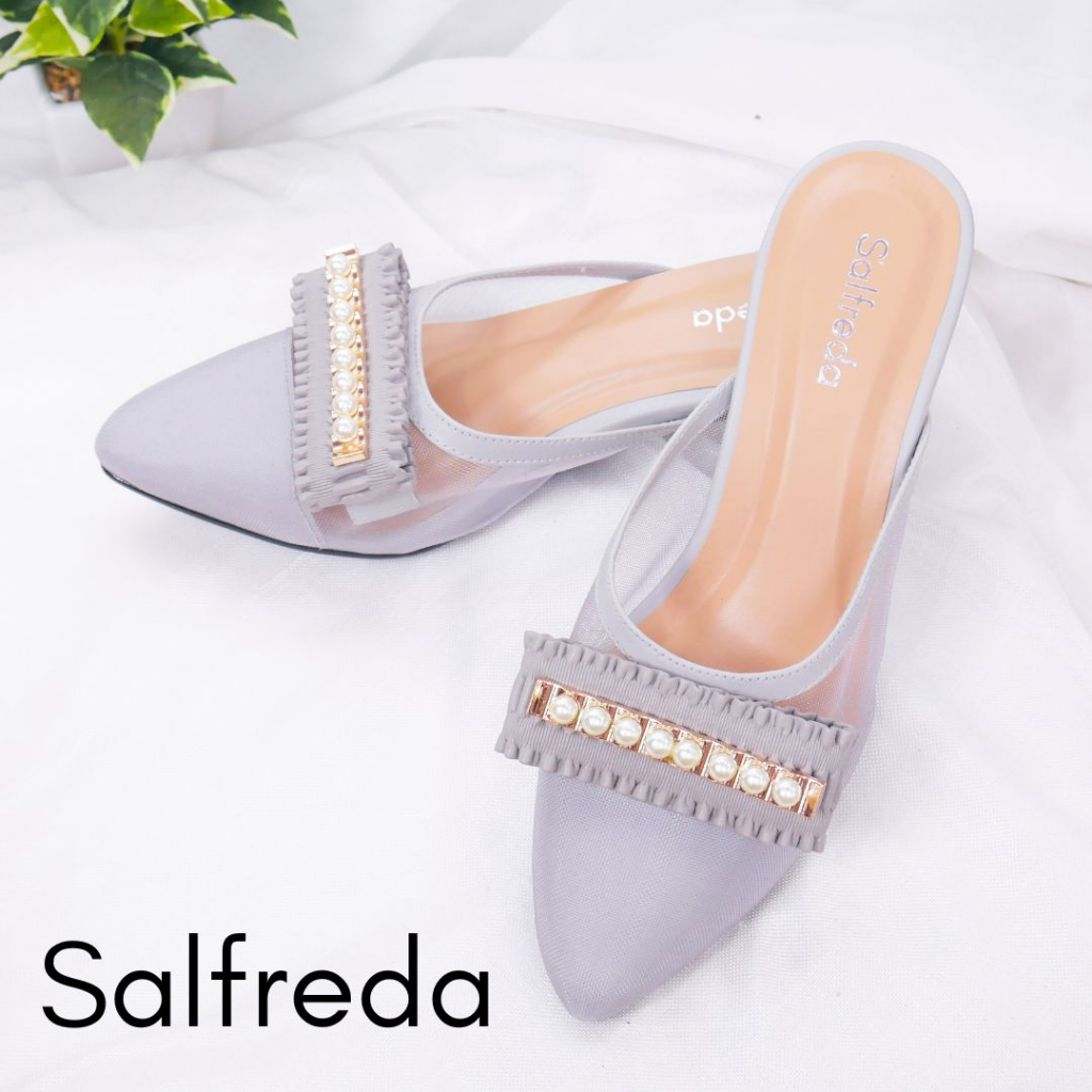 Sandal Sepatu Impor Korea Wanita Pesta Terbaru Kondangan Elegan Mewah Gray Abu Import Hak Heels 3 cm Kaca Pernikahan Wedding Kantoran RB70089