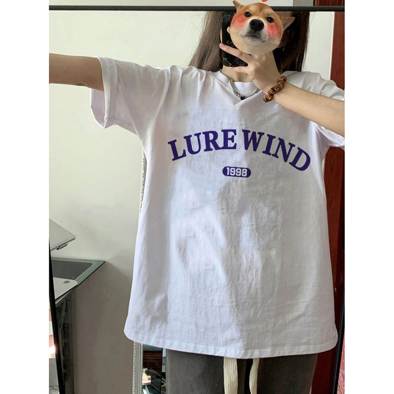 EUNII T-shirt Lengan Pendek Vintage LURE WIND Printing Korean Style/Kaos Atasan Wanita/Baju Kaus Oversize Wanita/Kaos Wanita