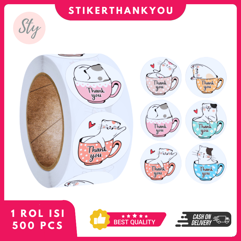

500 Pcs/Rol Stiker Thank You Motif Kucing Dalam Cangkir Lucu