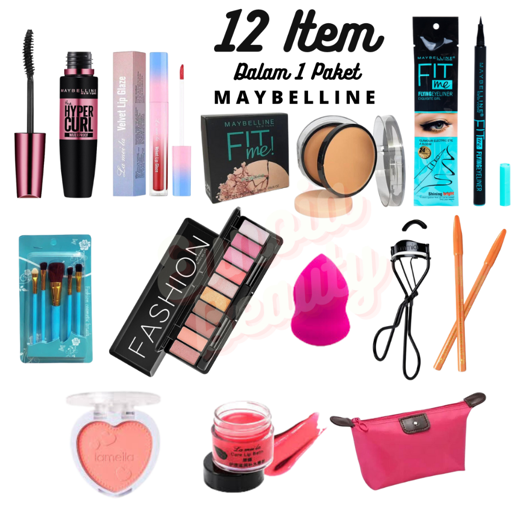 Paket Kosmetik Dan Alat Make Up Terbaik 12in1 : Bedak Maybelline Fitme 2in1, Maskara waterpruf, Eyli