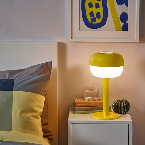 BLASVERK Lampu meja, krem / kuning / biru, 36 cm