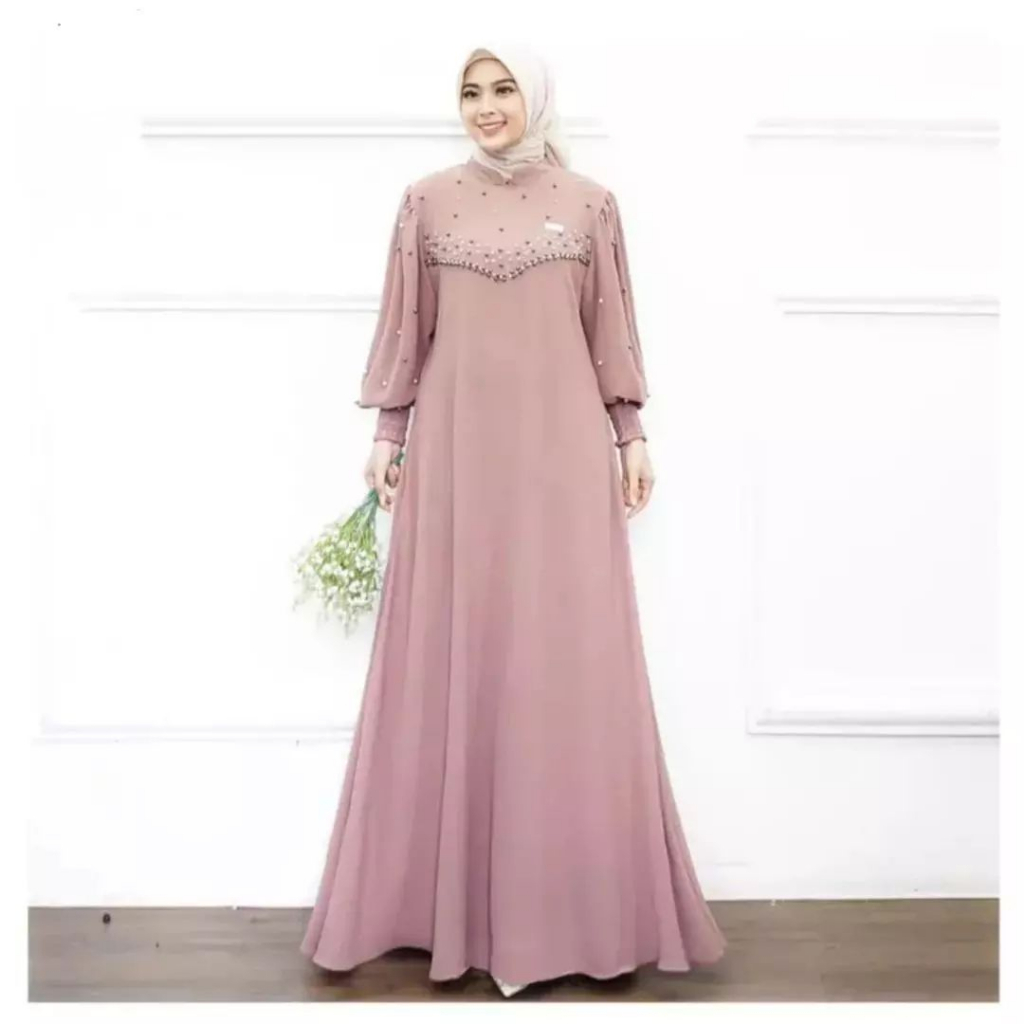 Baju Gamis Wanita Jumbo / Oversize Vioni Dress Size L XL XXL Muslim Wanita Kondangan Gaun Pesta Mewah Zipper Belakang Model Tangan Balon Terpopuler Wedding Dress Matt Cringkle Mix Mutiara Gamis Firlya Maxy