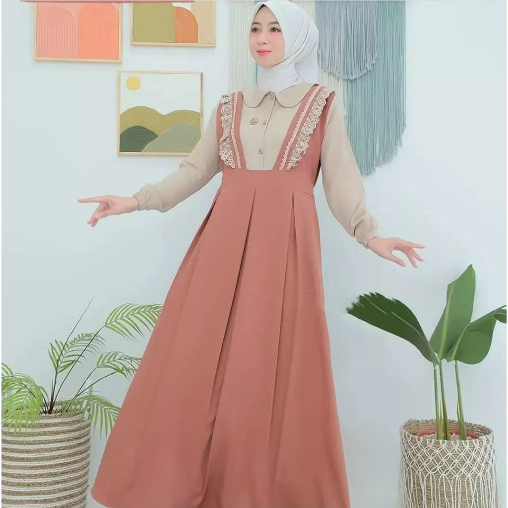 Gamis Dress Kekinian Arrival Dress Cringkle Terbaru Pakaian Muslim Wanita Sleting Depan (Busui) Aplikasi Renda Mona Maksi