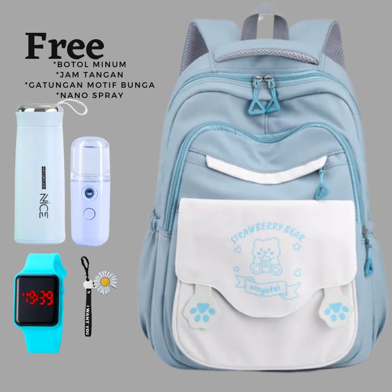 Tas Ransel Karakter Strawberry Bear Tas Terbaru Free Botol minum Free Jam Tangan Free Nano Spray Backpack Sekolah Terbaru