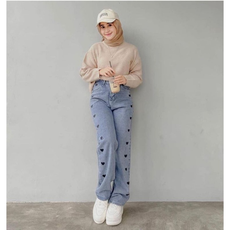 Kulot Jeans Love Wanita Dewasa Pinggang Full karet melarje ans washed kulot jeans highwaist wanita