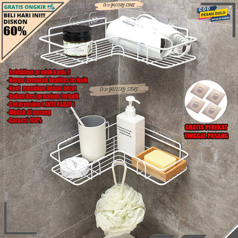 Rak Sudut Pojok Tempat Sabun Cuci Baju Bumbu Dapur Sikat Gigi Peralatan Perlengkapan Dekorasi Kamar Mandi Tempel Dinding Dingding Keramik Keranjang Besi Gantung skincare Dan Makeup Tanpa Paku Bor Stainless Anti karat Aesthetic Murah Serbaguna Awet