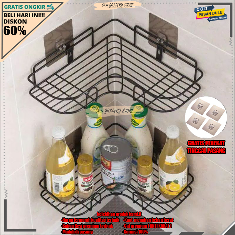 Rak Sudut Pojok Tempat Peralatan Perlengkapan Bumbu Dapur Sabun Cuci Baju Sikat Gigi Dekorasi Kamar Mandi Tempel Dinding Dingding Keramik Keranjang Besi Gantung skincare Dan Makeup Tanpa Paku Bor Stainless Anti karat Aesthetic Murah Awet Serbaguna