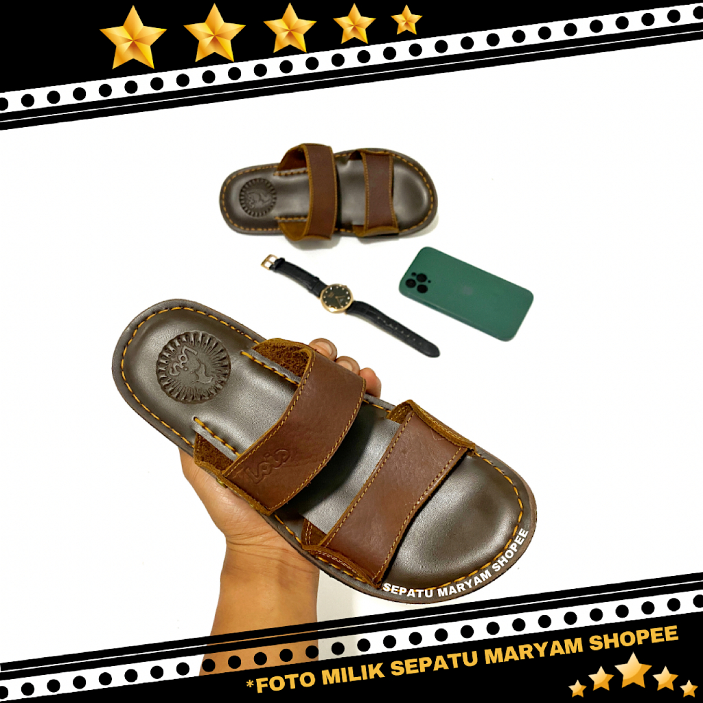 Sandal Kulit Asli Pria Tali 2 Model Slide Sendal Casual Cowok Murah Sandal Santai Pria Dewasa COD