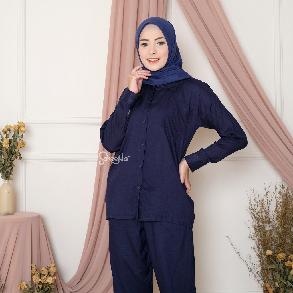 SAKEENA Pajamas Set Kemeja Dewasa Katun Rayon Polos Lengan Panjang