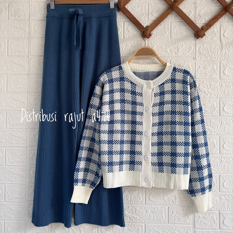 ONESET CARDI CROP MAY SETELAN CELANA RAJUT KULOT WANITA