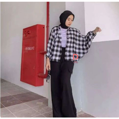 Baju Atasan Kemeja Crop Kotak Kotak Lengan Panjang Korean ALL SIZE Kemeja Tartan Crop / Kemeja Crop