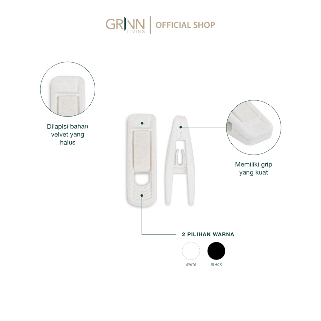 GRINN LIVING Joelle Velvet Jepitan Jemuran / Gantungan Baju Serbaguna Isi 6 Handle Putih &amp; Hitam Premium Aesthetic