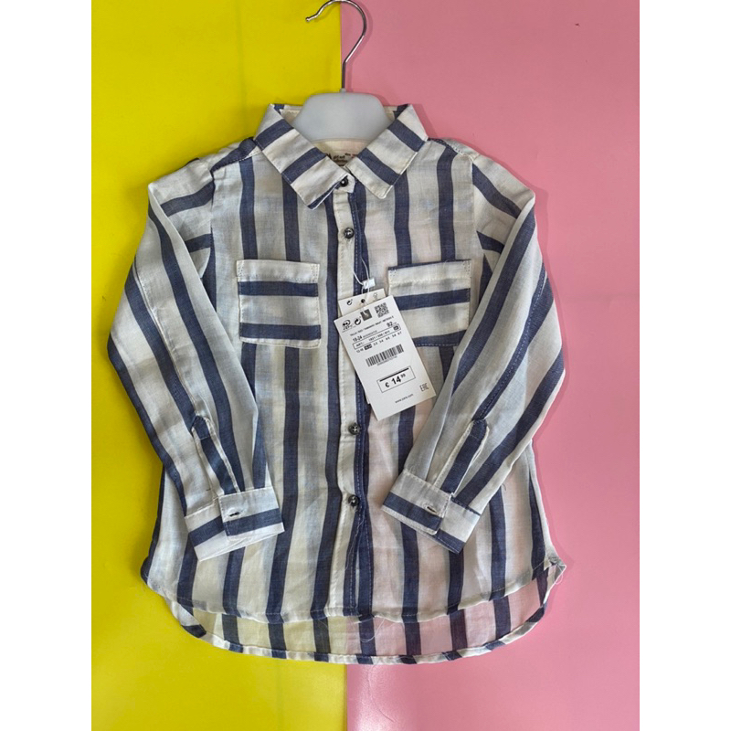 Kemeja Cewek ZARA garis-garis warna putih navy ukuran 18m-24m