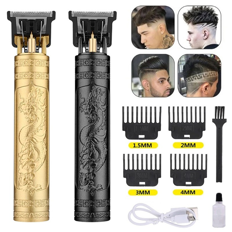 ELDE 1 - Alat Cukur Rambut Vintage T9 Motif Naga Dragon Pisau Cukur Elektrik Pemangkas Pemotong Jenggot Kumis Jambang Hair Clipper Electric Rechargeable Mesin Cukuran Peralatan Grooming Portable Shaver USB Rechargeable