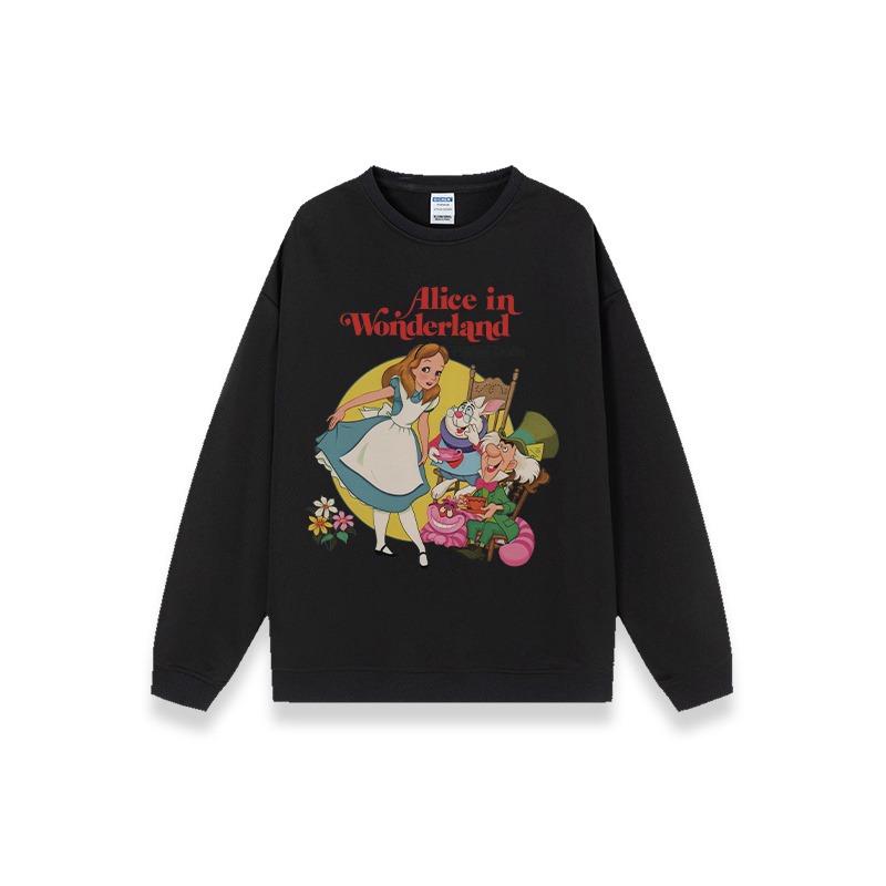 American Retro Sweater Crewneck Lengan Panjang Cartoon Alice Letter Motif Printed Switer Putih