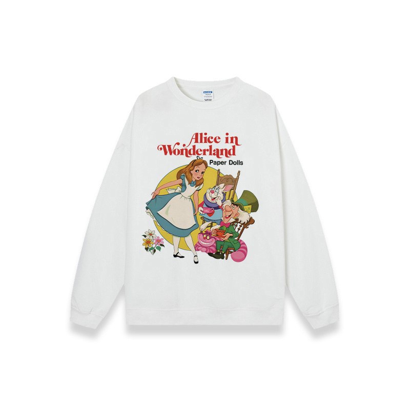 American Retro Sweater Crewneck Lengan Panjang Cartoon Alice Letter Motif Printed Switer Putih