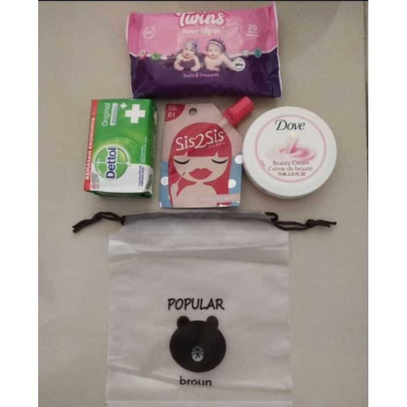 dove handbody, sabun batang detol, tisu basah, lipcrem sis2sis